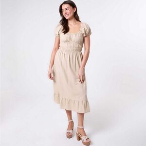 Cream Smocked Puff Sleeve Midi Dress